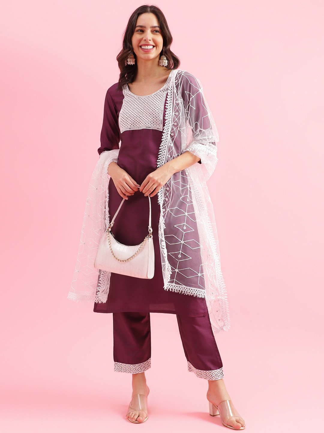 

KALINI Women Floral Embroidered Regular Sequinned Kurta with Trousers & With Dupatta, Violet