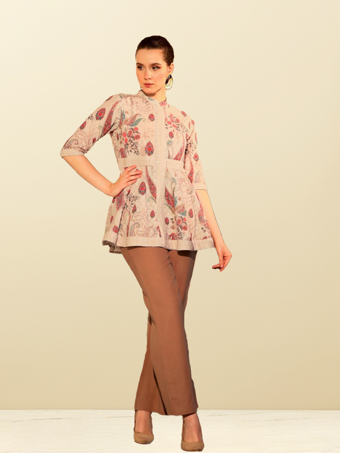 

CUSTARD Paisley Printed Mandarin Collar Pure Cotton Tunic With Trousers, Brown