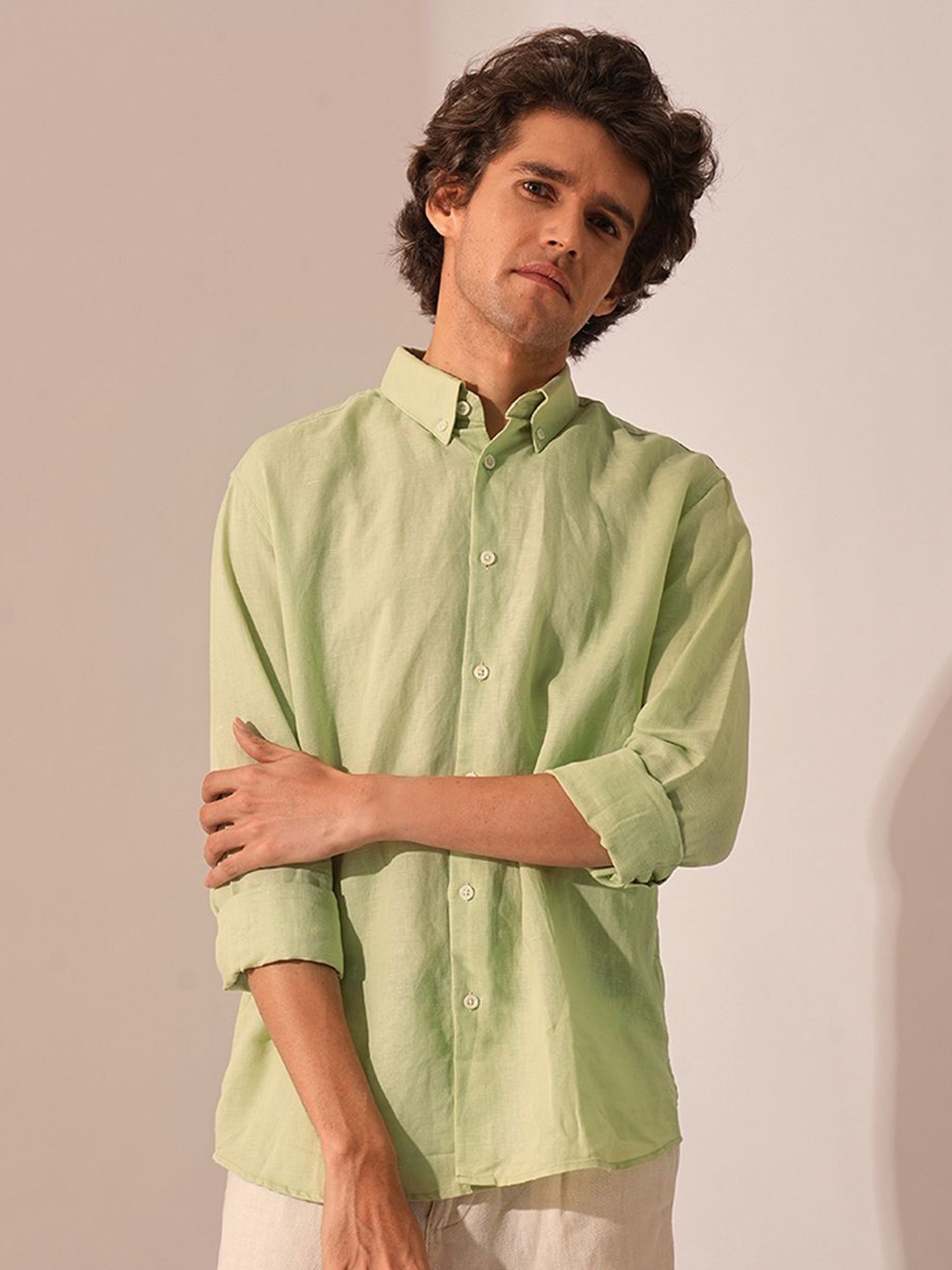 

SELECTED Men Button-Down Collar Solid Cotton Casual Shirt, Green