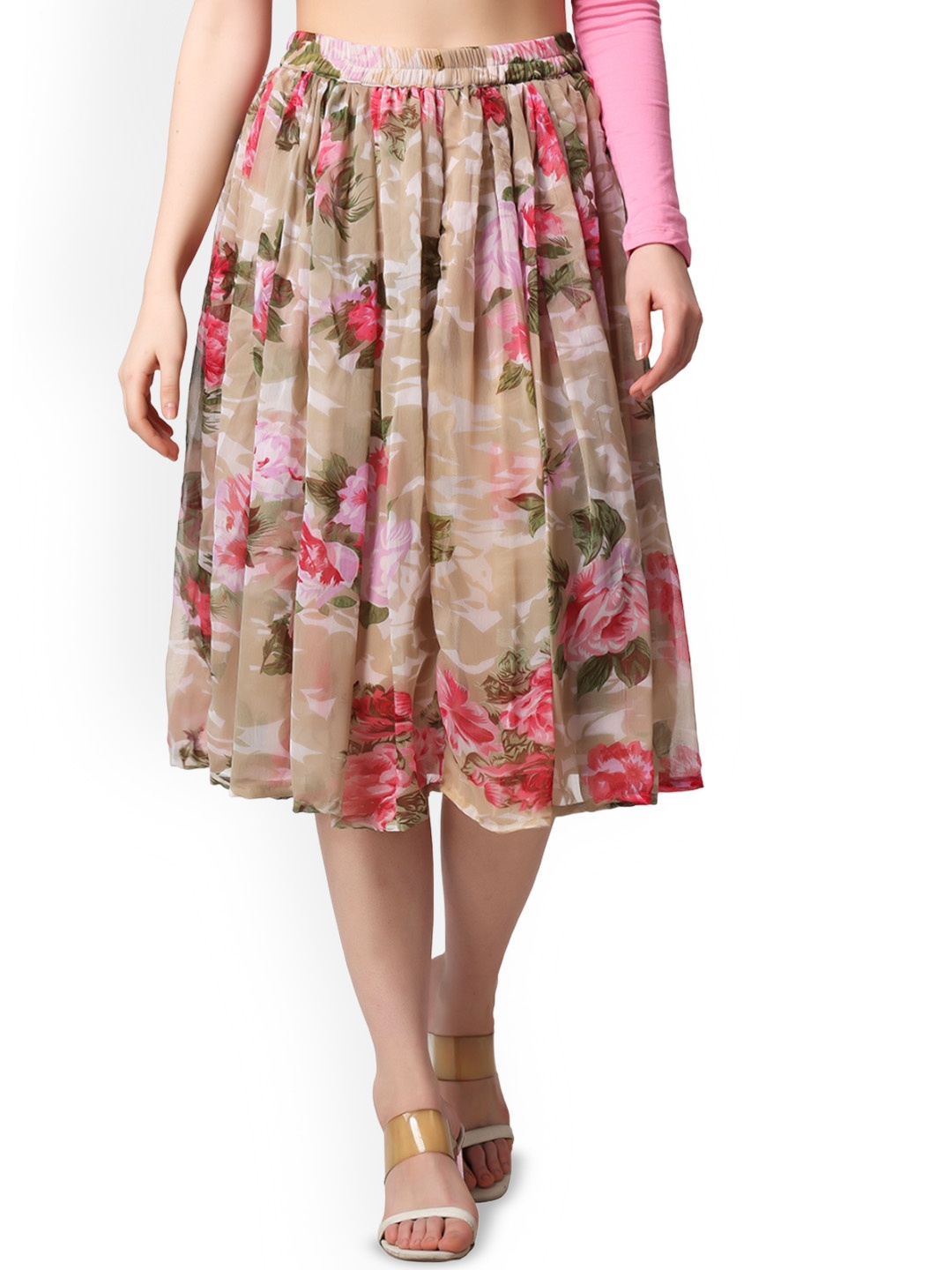 

SCORPIUS Printed Flared Midi Skirt, Beige