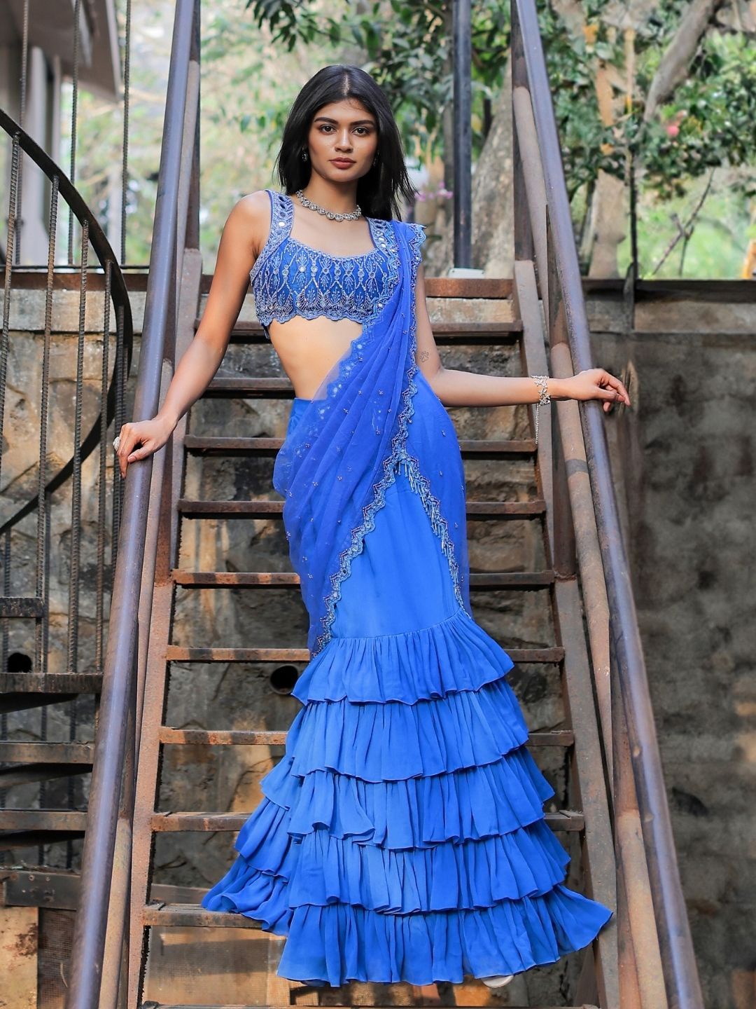 

Foram patel Blue Mirror Embroidered Ruffle Saree Set