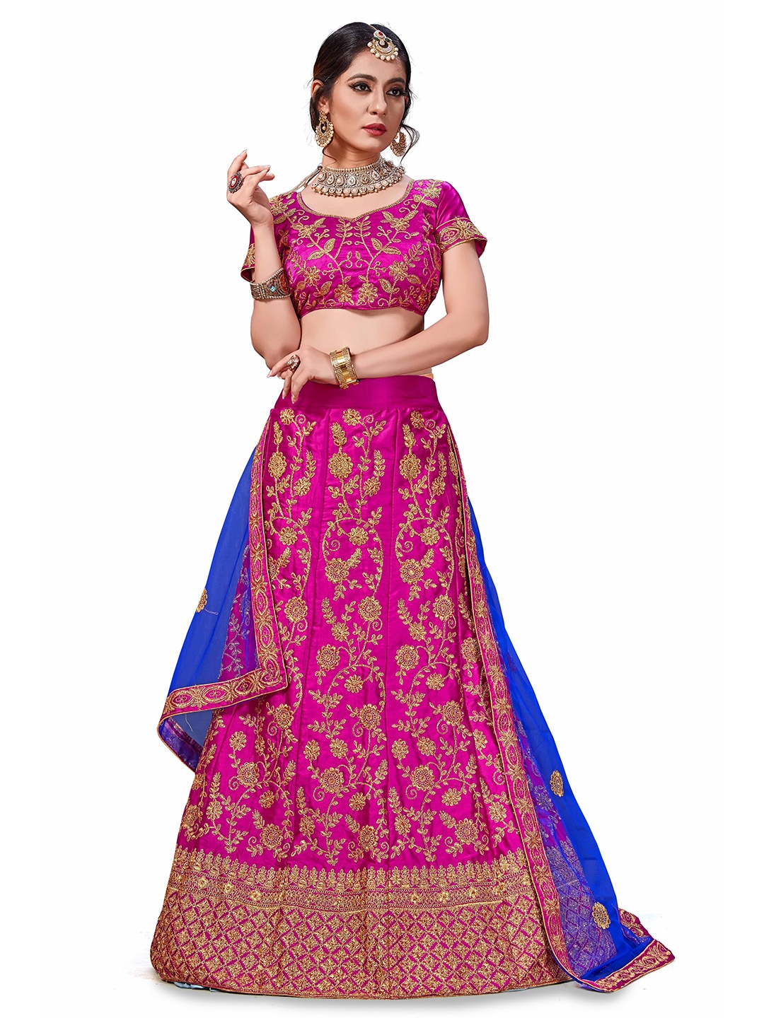 

Maroosh Embroidered Thread Work Unstitched Lehenga & Blouse With Dupatta, Pink