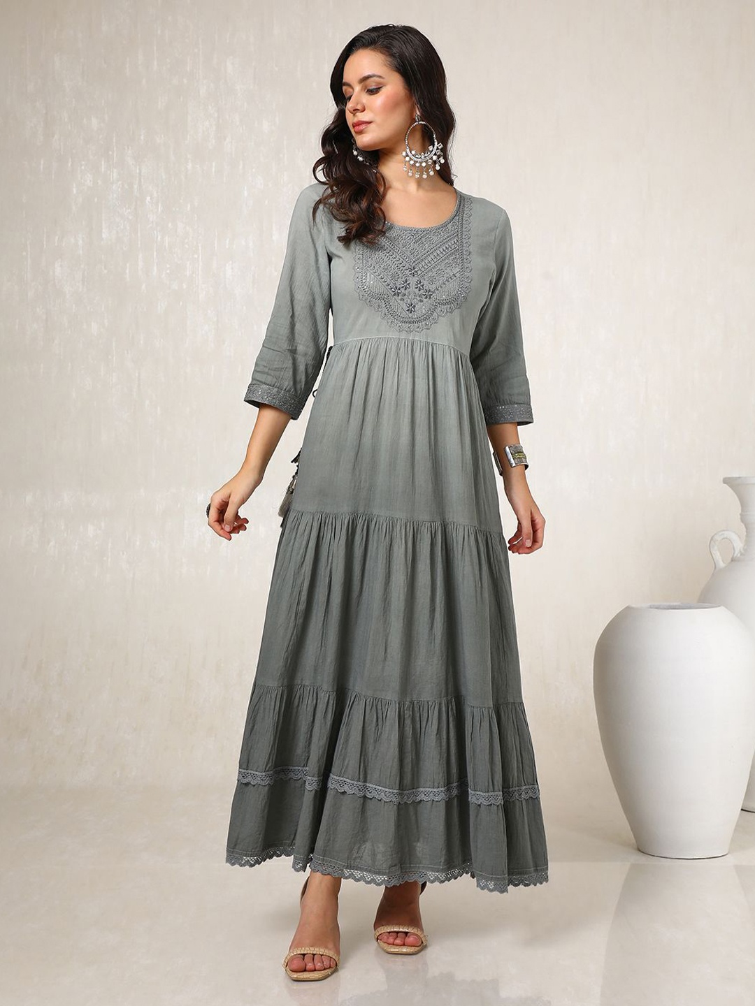 

Soch Women Cotton Embroidered Maxi Dress, Grey