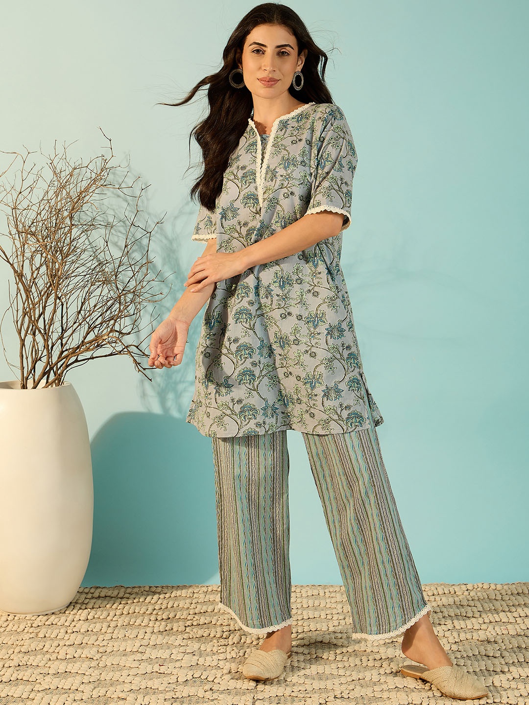 

The Kaftan Company Printed Pure Cotton Tunic With Trousers Co-Ords, Grey
