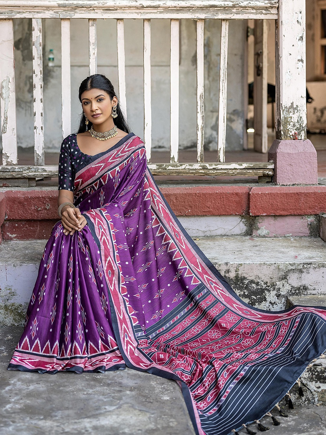 

Kandora Pure Silk Printed Tussar Saree, Purple