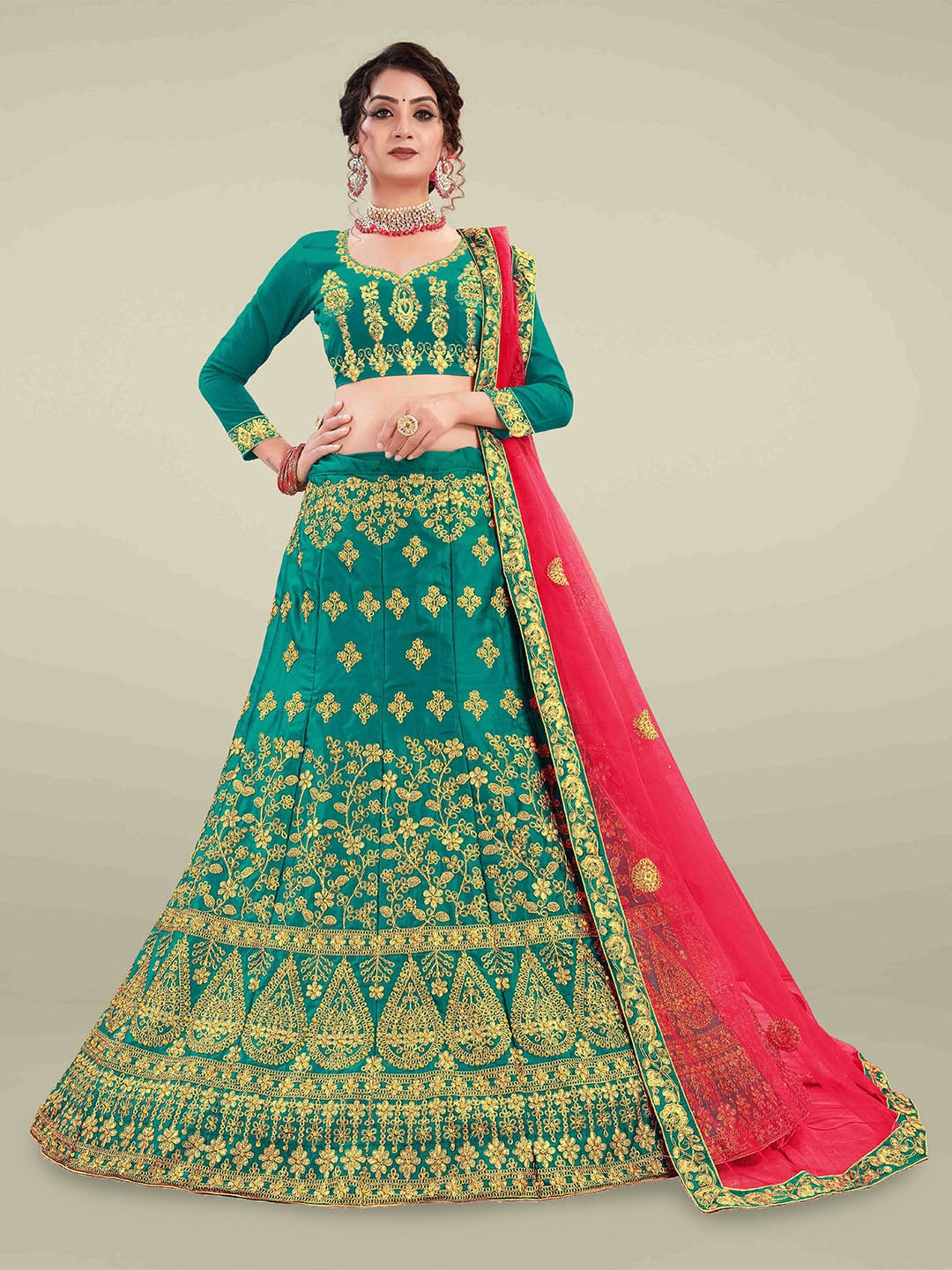 

Maroosh Embroidered Thread Work Unstitched Lehenga & Blouse With Dupatta, Green