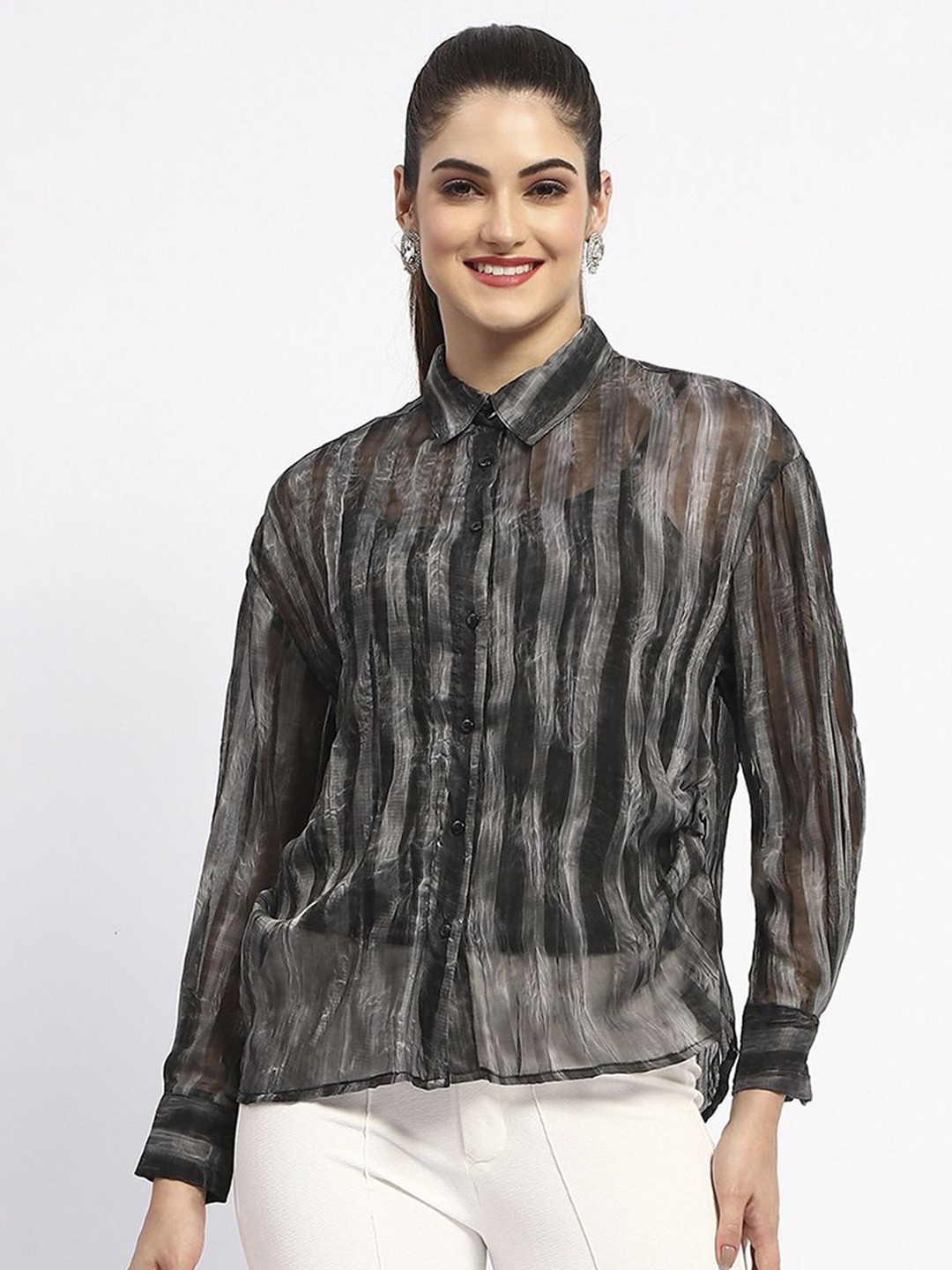 

Madame Women Spread Collar Abstract Printed Casual Shirt, Black