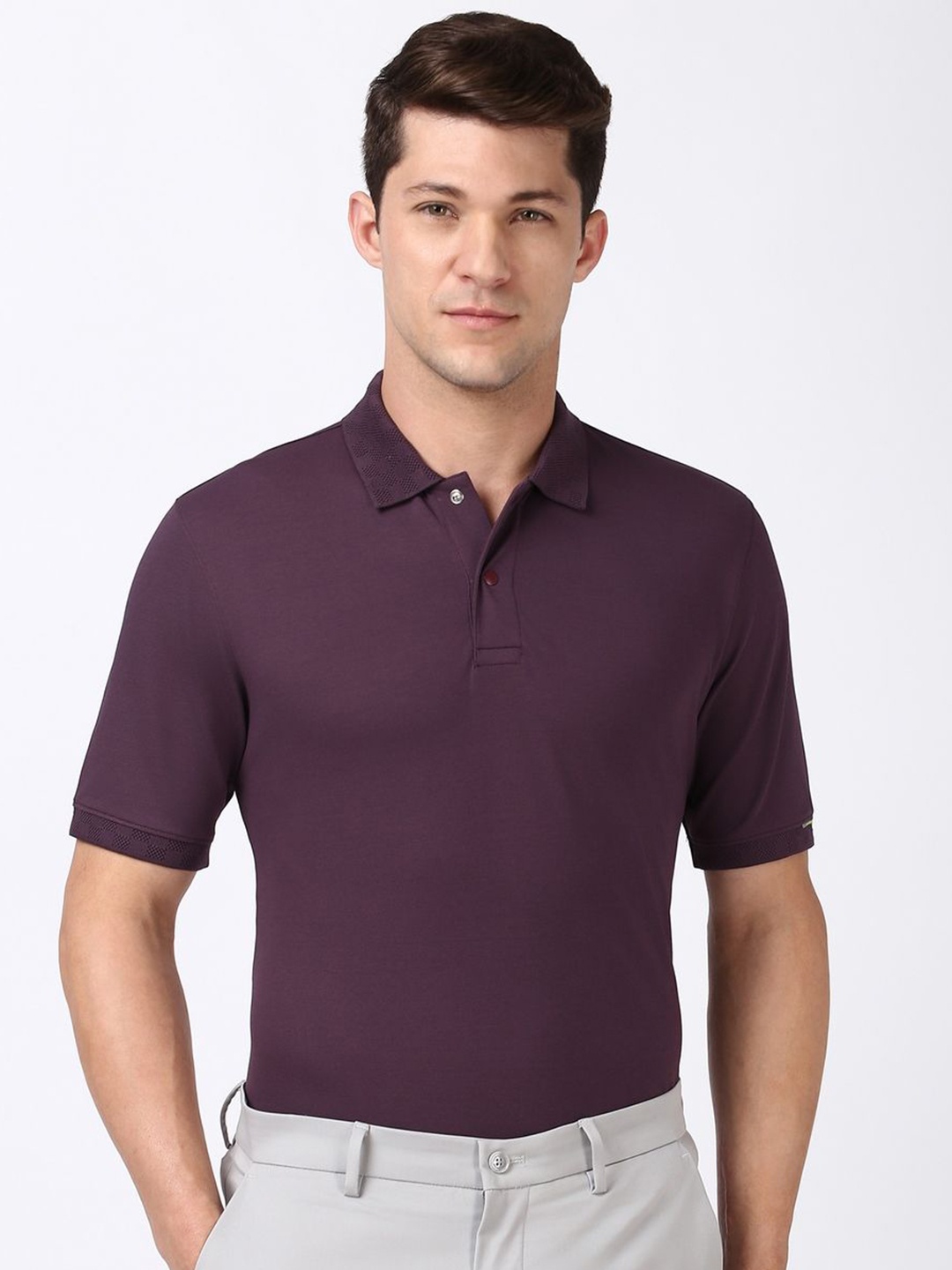 

Peter England Men Solid Polo Collar Cotton T-shirt, Violet