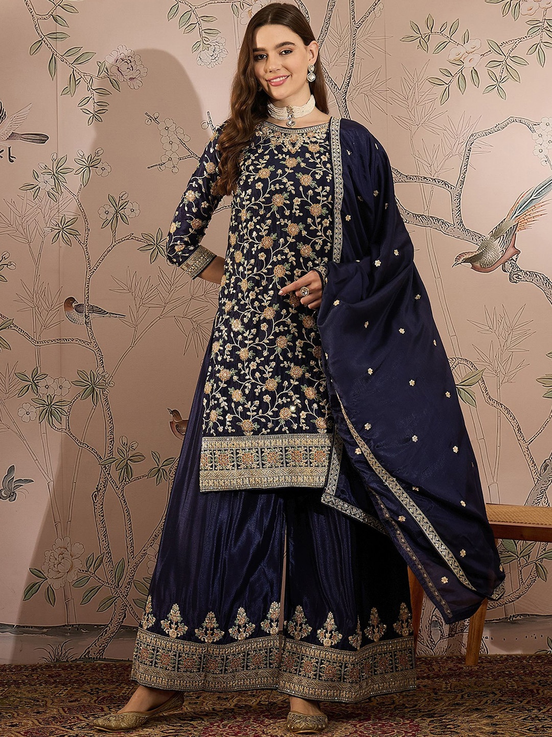 

Miss Ethnik Women Ethnic Motifs Embroidered Thread Work Kurta with Palazzos & With Dupatta, Blue