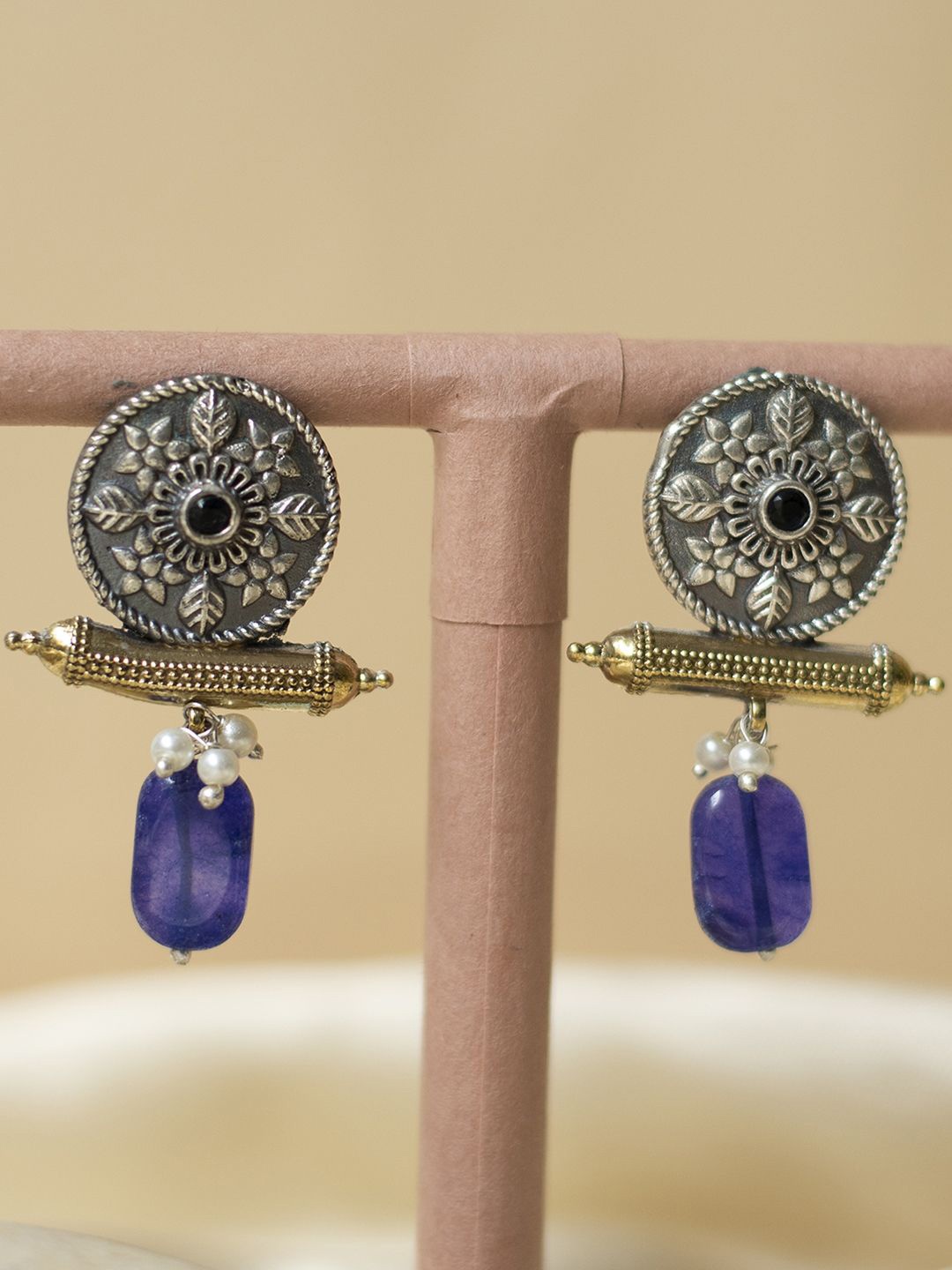 

XPNSV Silver-Plated Oxidised Stone Studded Twin Tone Drop Earrings