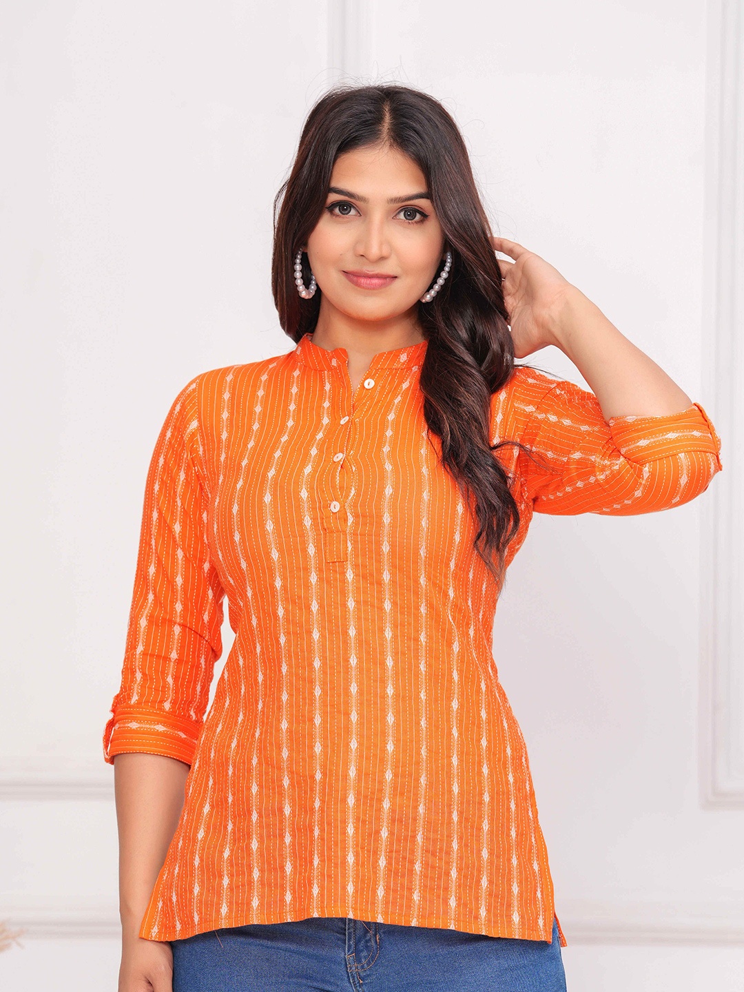 

SIDDHANAM Women Striped Mandarin Collar Kurti, Orange