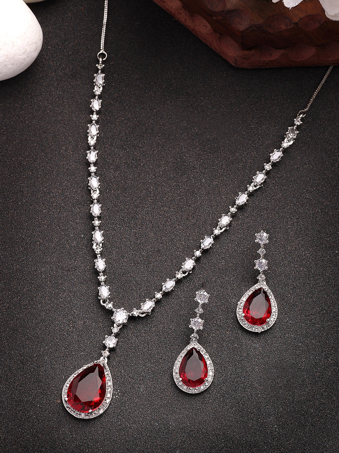 

NVR Silver-Plated American Diamond Stone Studded Jewellery Set