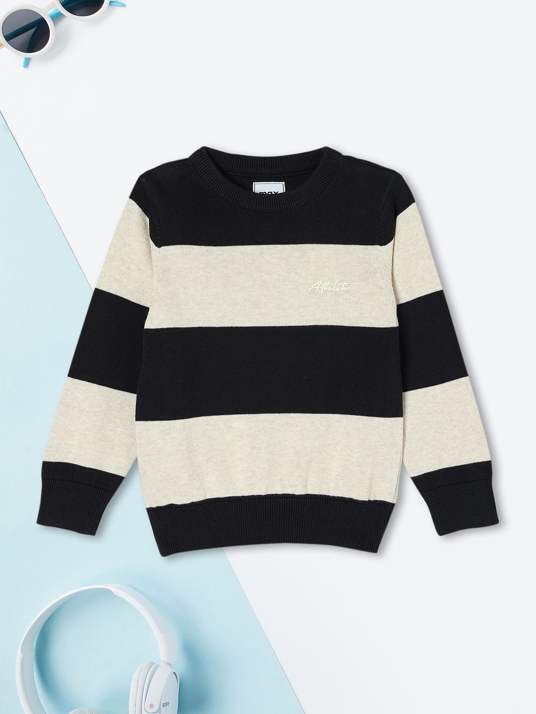 

max Boys Striped Pullover Pure Cotton Sweater, Black