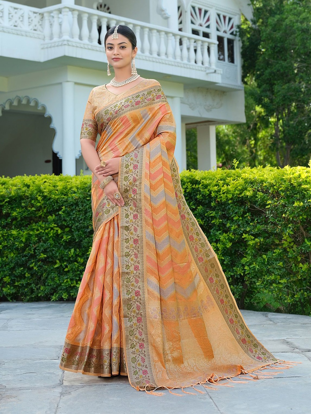 

MAHALASA Ethnic Motifs Zari Organza Banarasi Saree, Orange