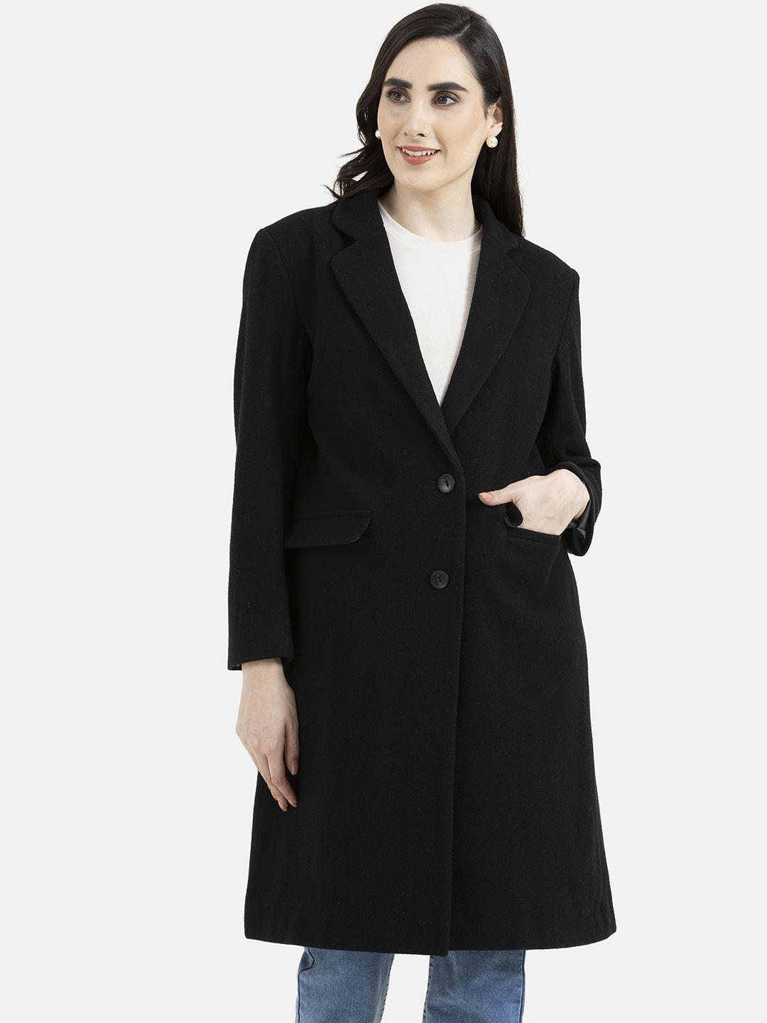 

Owncraft Women Double Breasted Notched Lapel Wool Trench Coat, Black