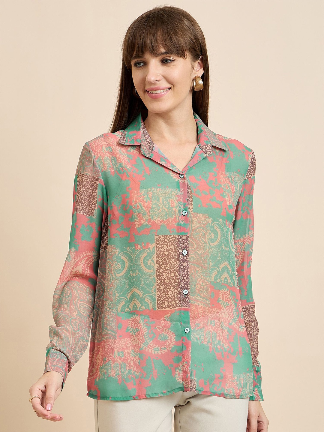 

Mast & Harbour Women Relaxed Spread Collar Abstract Printed Crepe Casual Shirt, Teal
