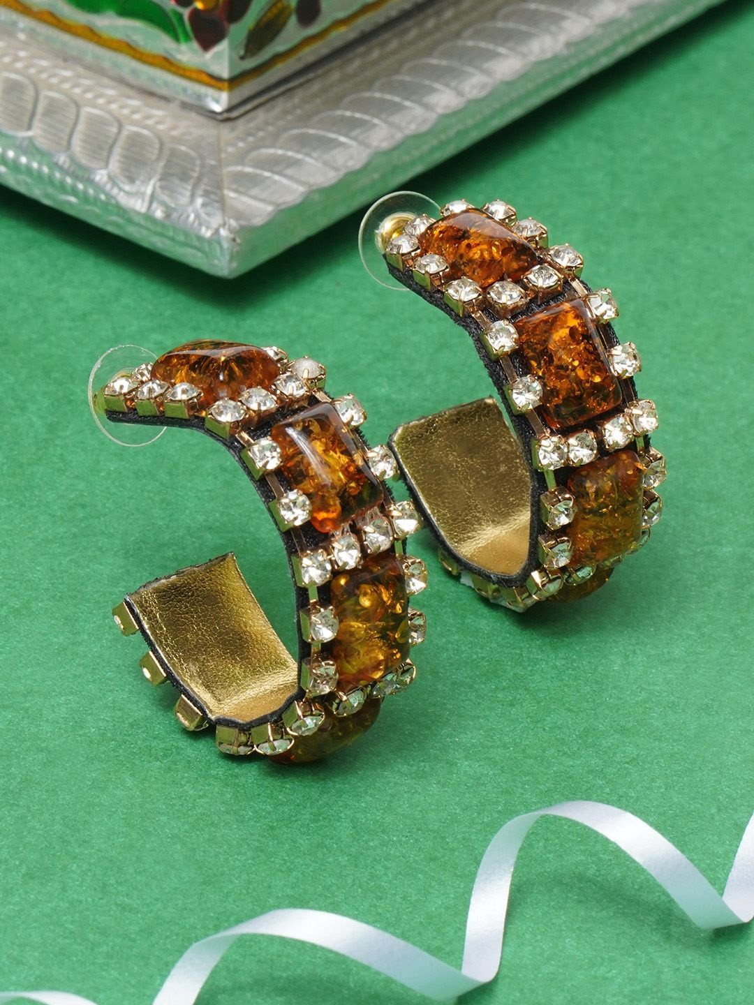 

KPOP Gold Plated Circular Half Hoop Earrings, Brown
