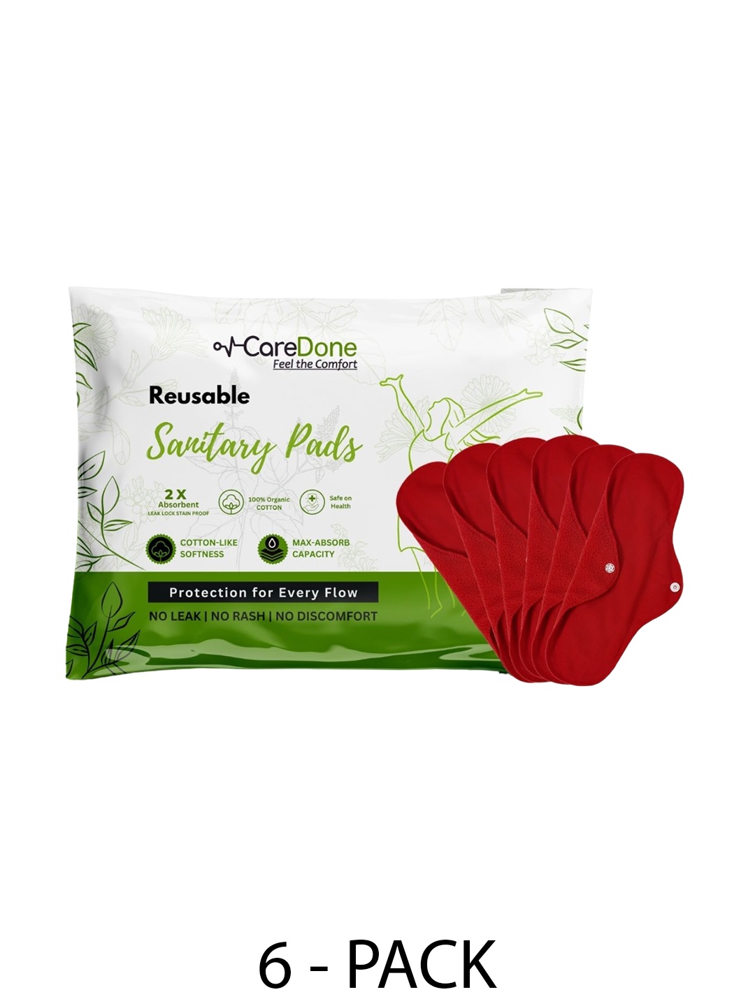 

CareDone Set Of 6 Washable & Reusable Sanitary Cloth Pads-XL, Red