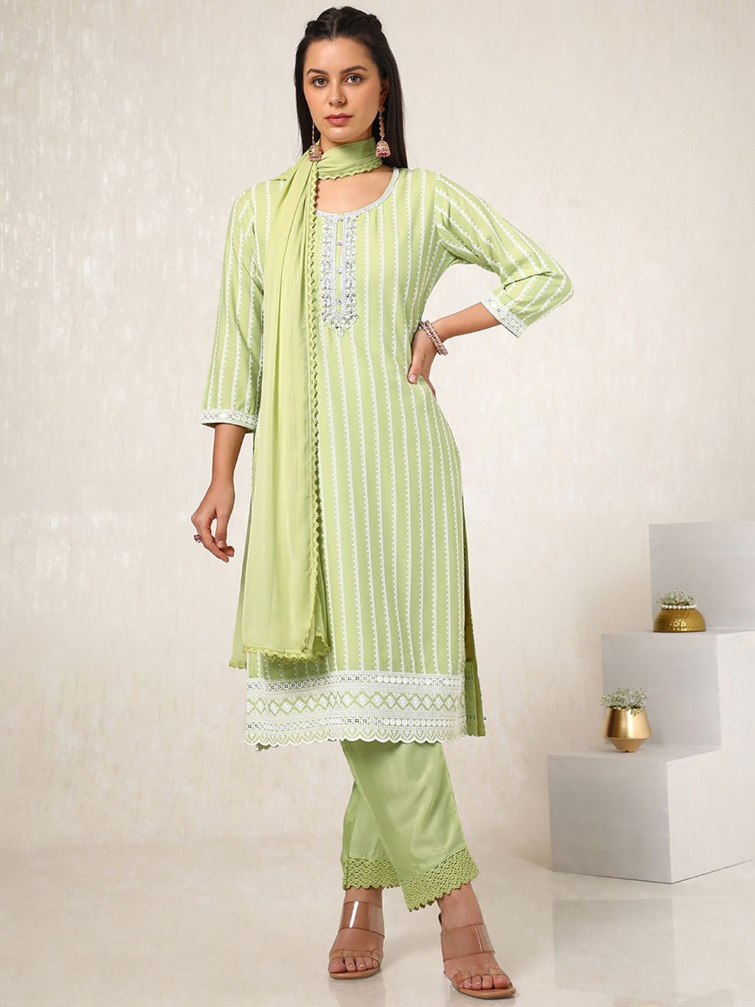 

Soch Floral Embroidered Regular Thread Work Straight Kurta With Trouser With Dupatta, Lime green