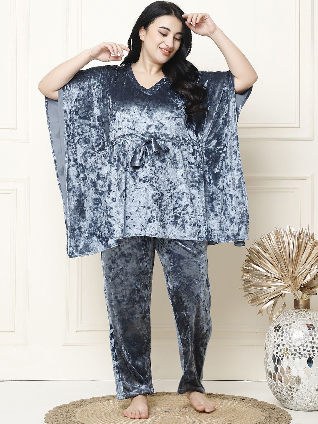 

TAG 7 Women metallic blue ice velvet kaftan Solid Night suit