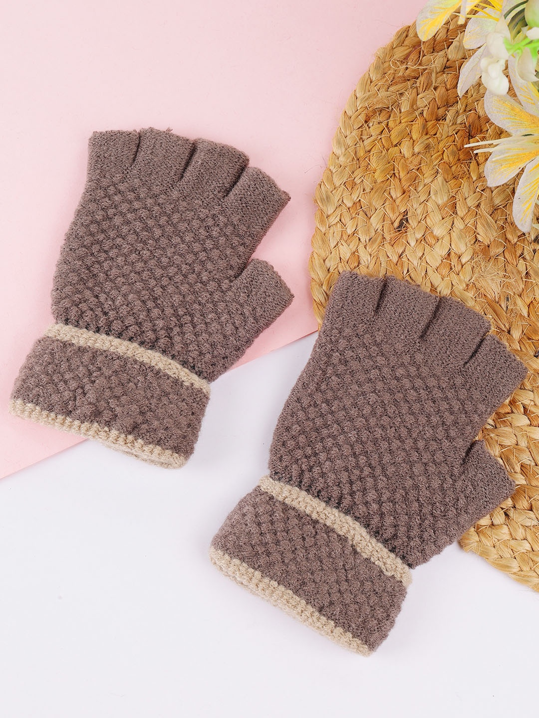 

ELLIS Unisex Patterned Fingerless Gloves, Coffee brown