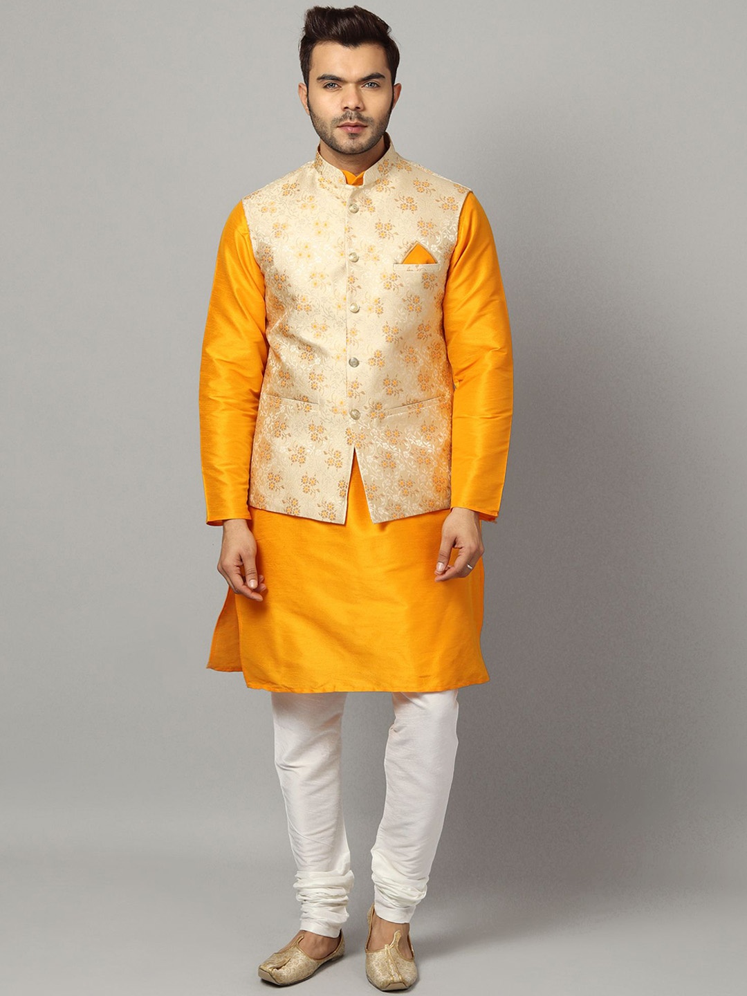 

Ethluxis Men Regular Dupion Silk Kurta with Churidar, Yellow