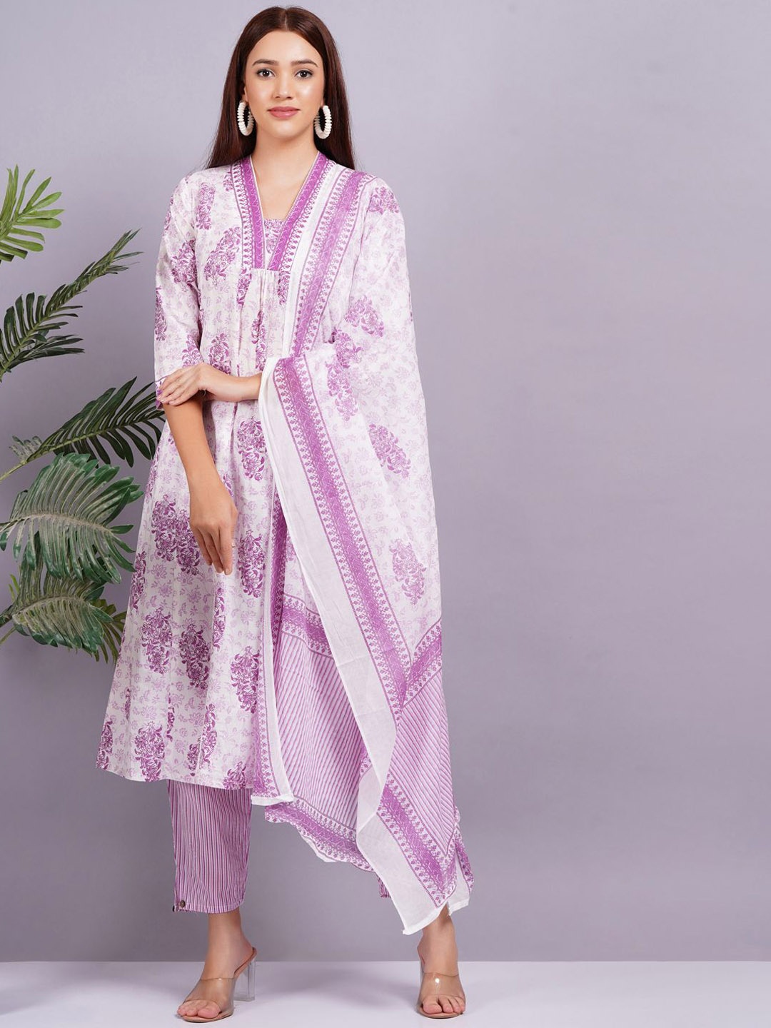 

KALINI Floral Printed Regular Pure Cotton Kurta With Trouser With Dupatta, Purple