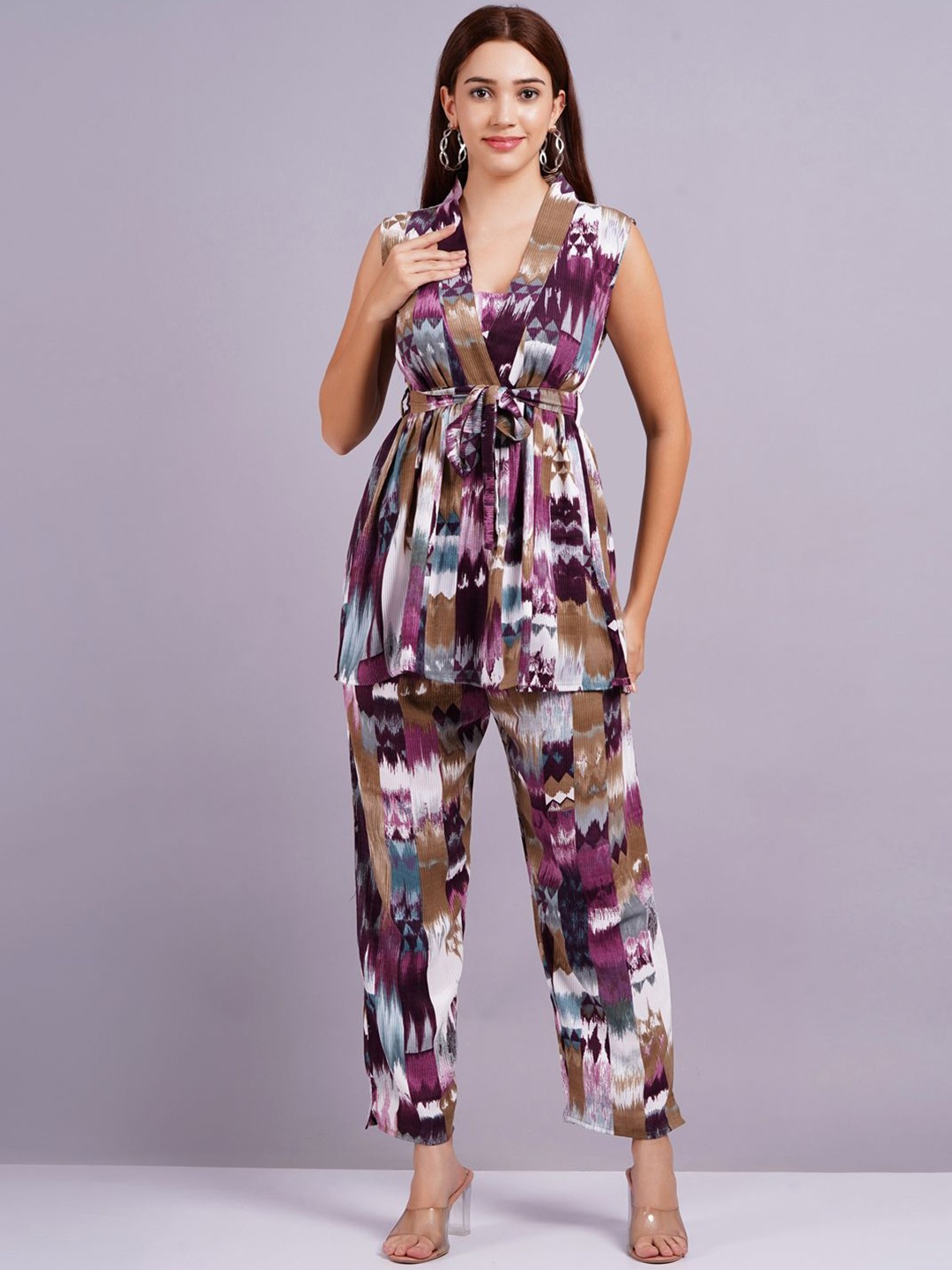 

JC4U Abstract Printed V-Neck Pure Cotton Top With Trouser Co-Ords, Purple