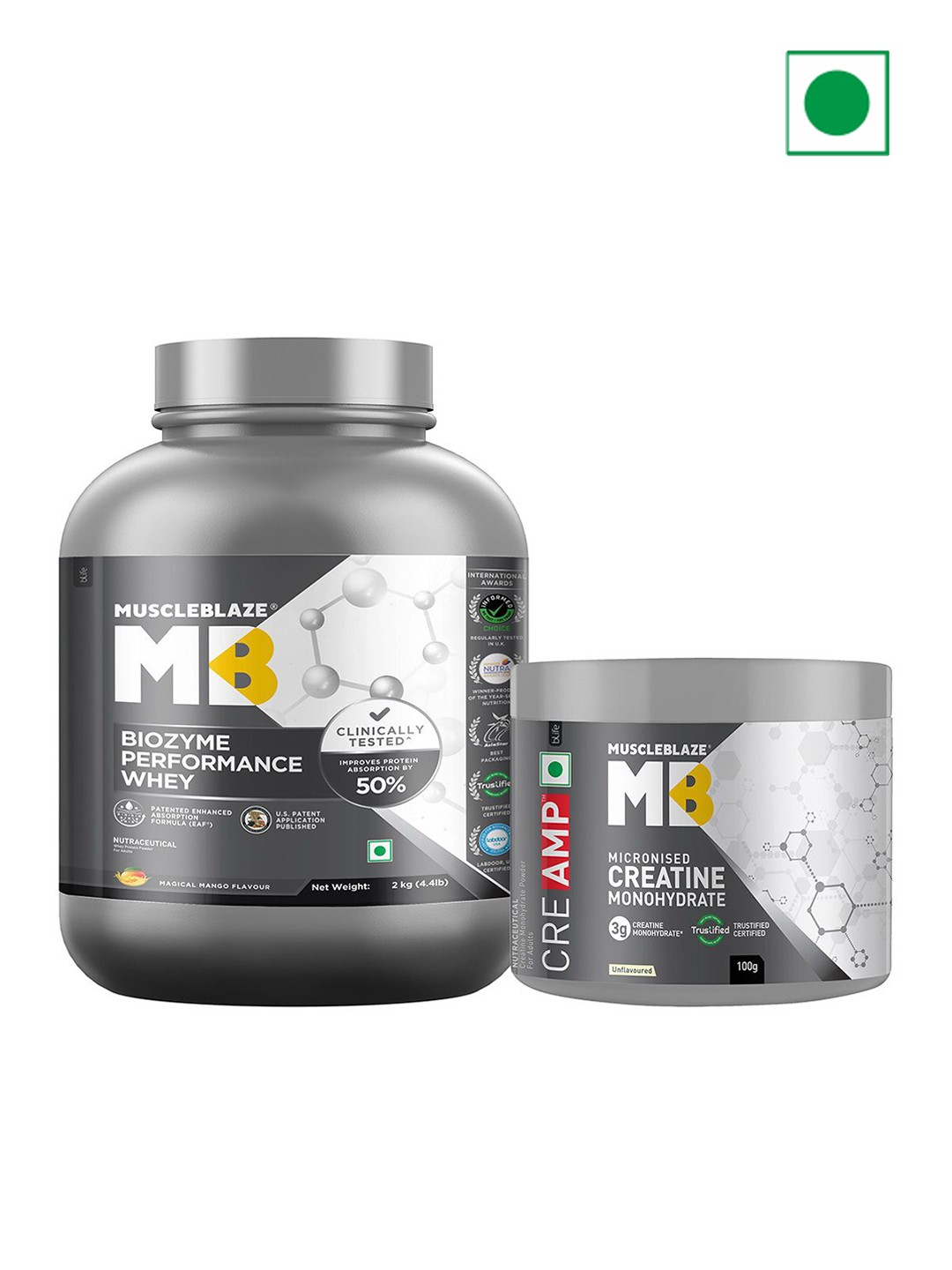 

MuscleBlaze Set Of 2 Biozyme Performance Whey Protein - 2 kg & Creatine Monohydrate - 100g, Yellow