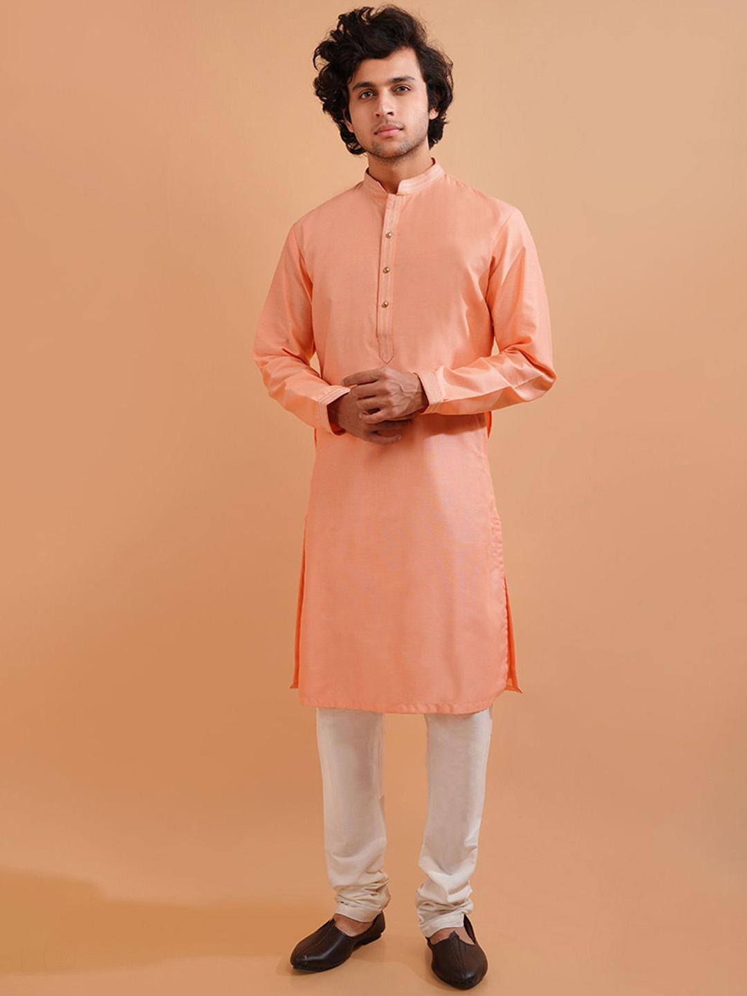 

azania Men Thread Work Pathani Kurta, Peach