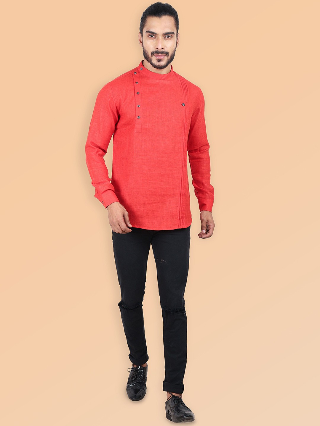 

ETHNIC FACTORY Men Patchwork Pathani Kurta, Red