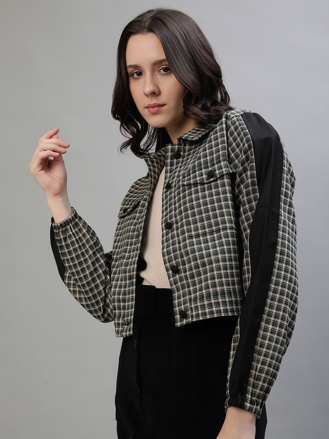 

Iconic Women Cotton Checked Crop Tailored Jacket, Green