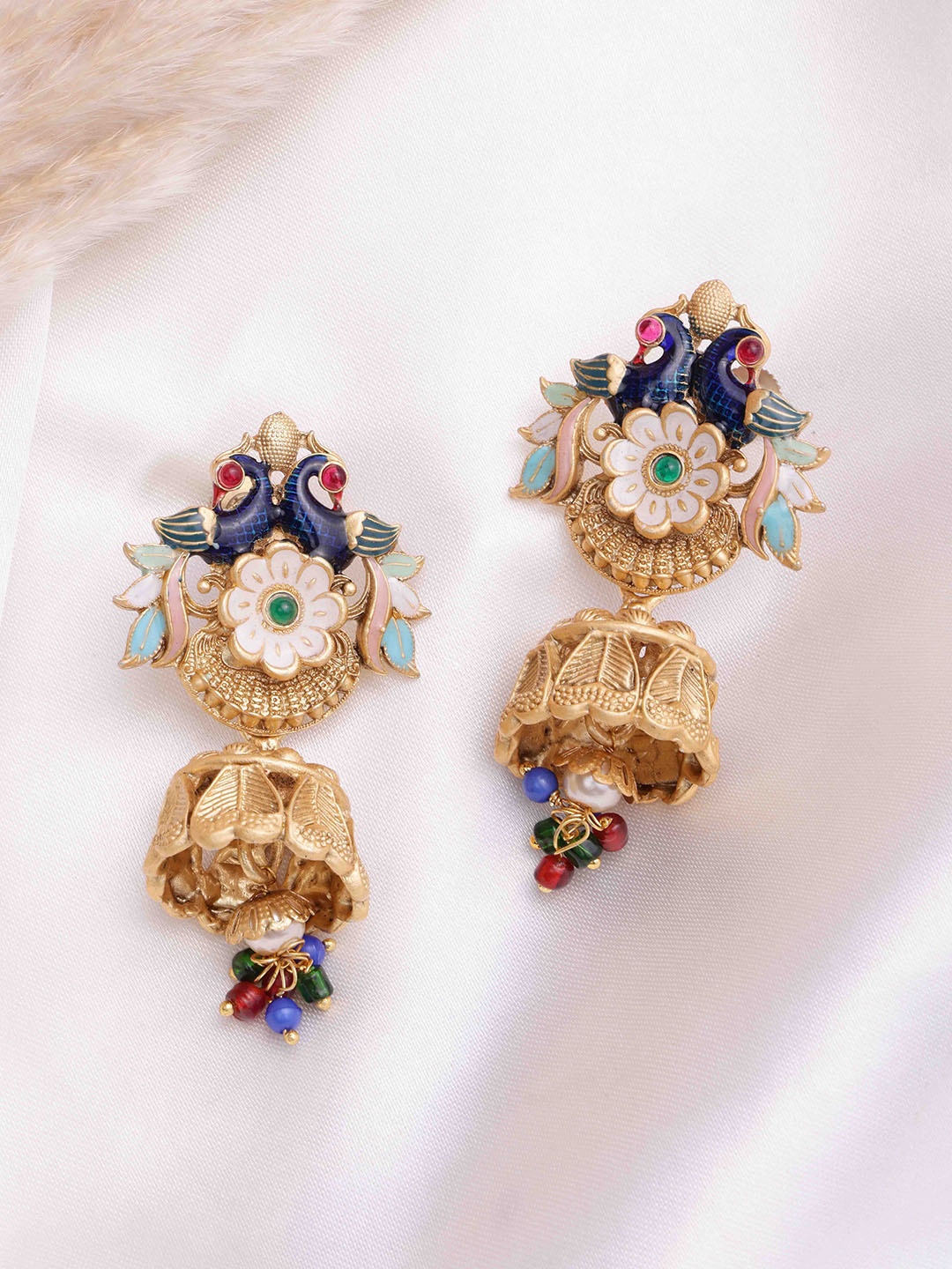 

PANASH Gold Plated Cubic Zirconia Studded Peacock Shaped Jhumkas Earrings