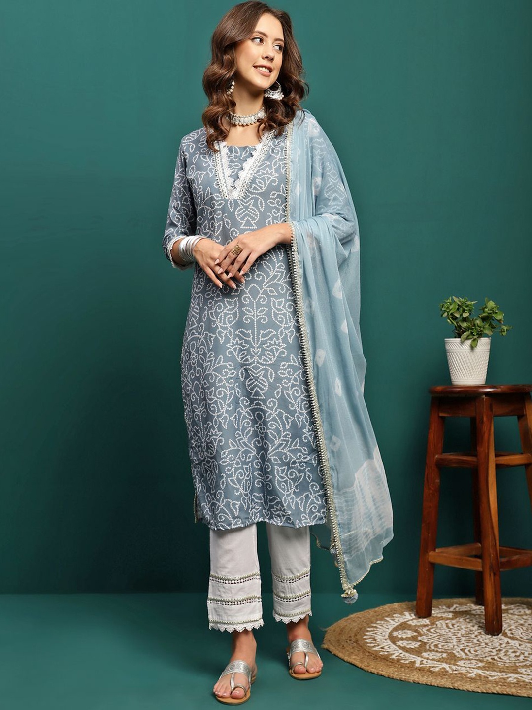 

Sangria Women Printed Straight Kurta With Trouser And Dupatta, Grey