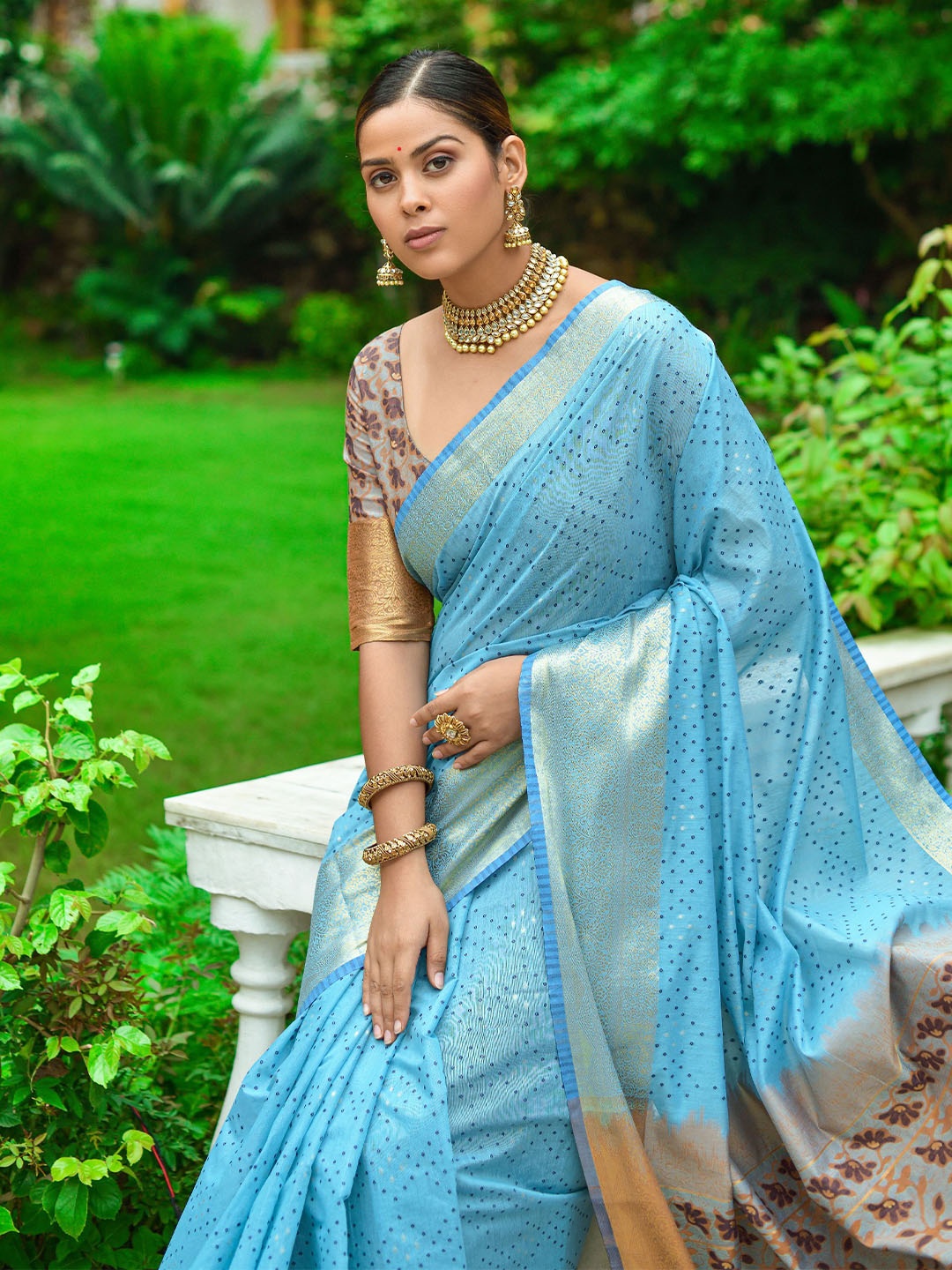 

Kandora Bandhani Printed Zari Chanderi Saree, Blue