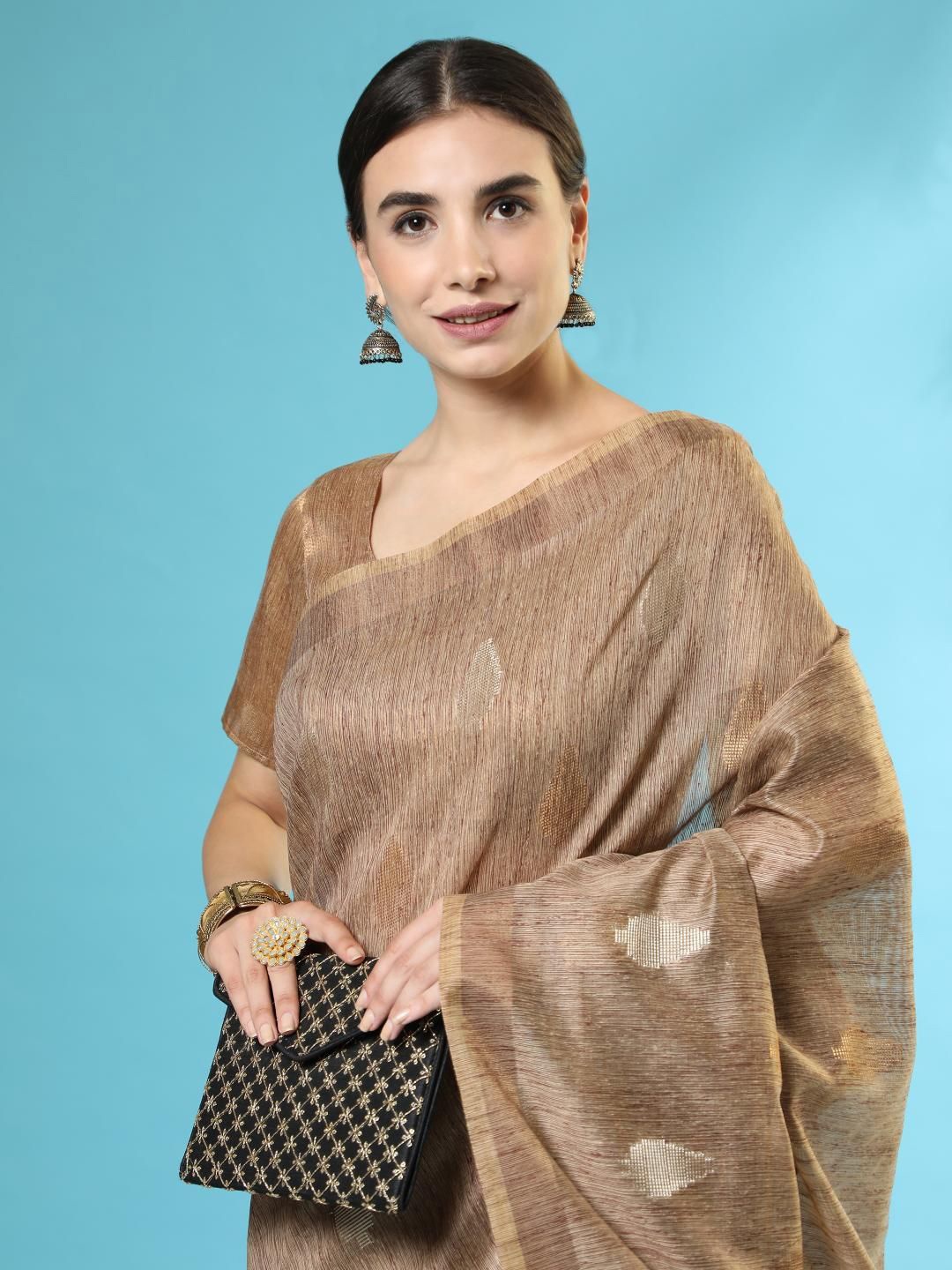 

Kandora Woven Design Zari Pure Cotton Saree With Unstitched Blouse Piece, Brown