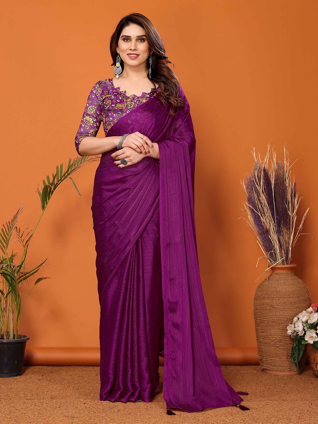 

Shee Star Striped Saree, Purple