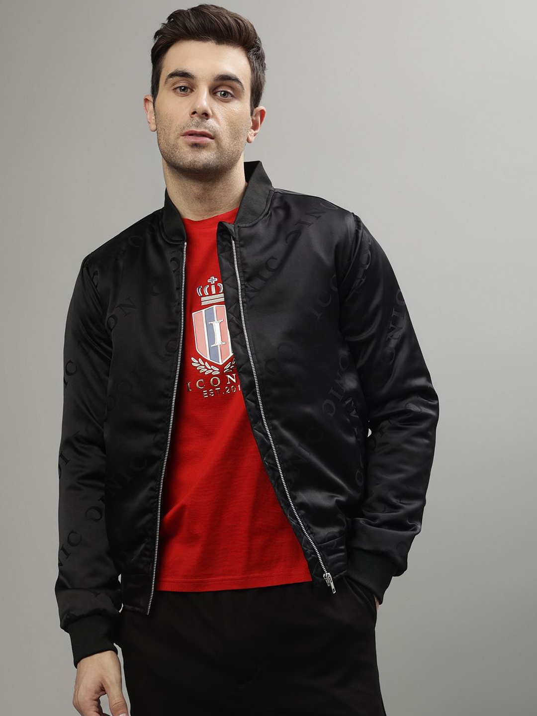 

Iconic Men Stand Collar Sporty Jacket, Black