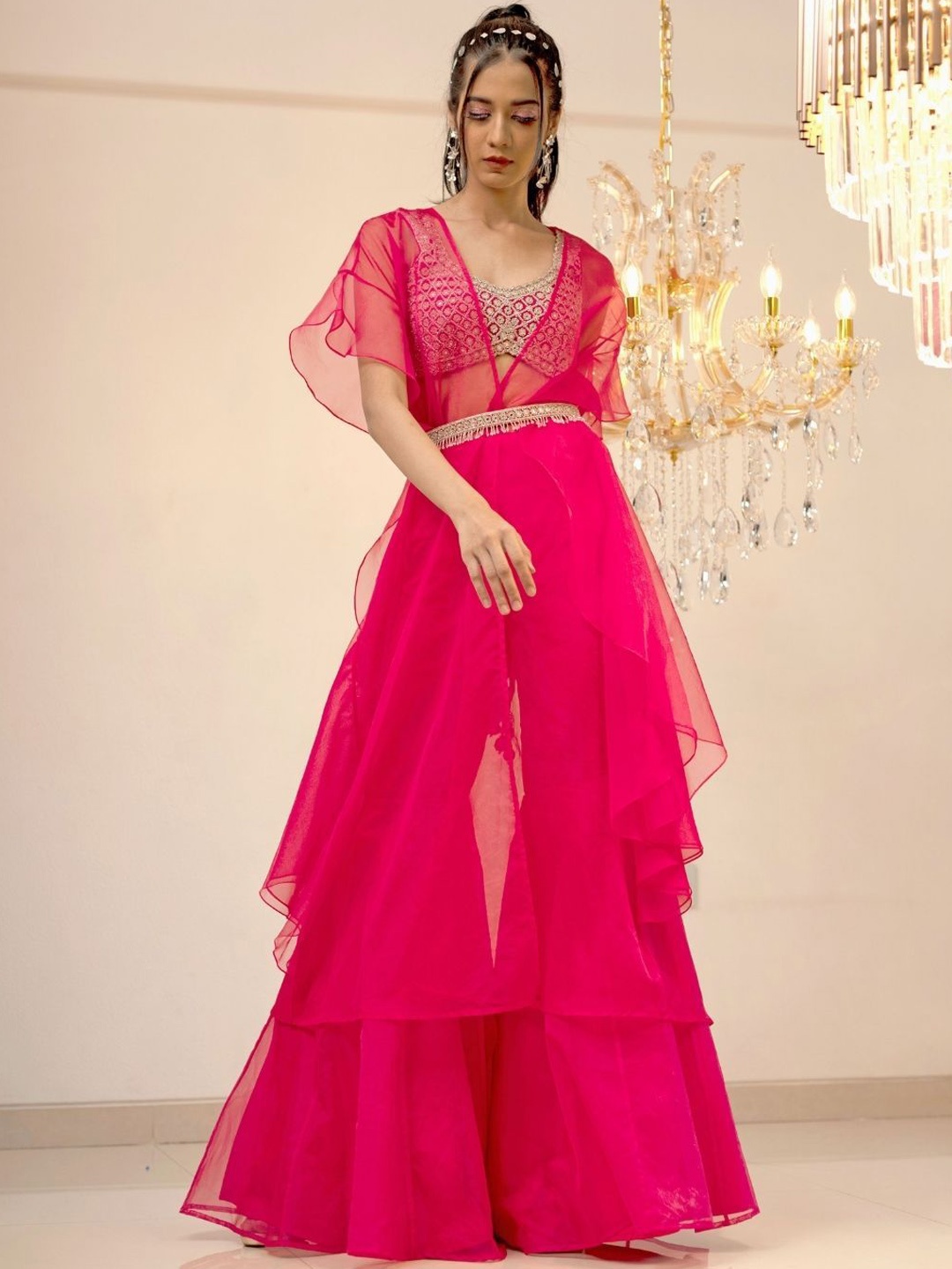 

Foram patel Pink Organza Gharara Cape Set, Magenta