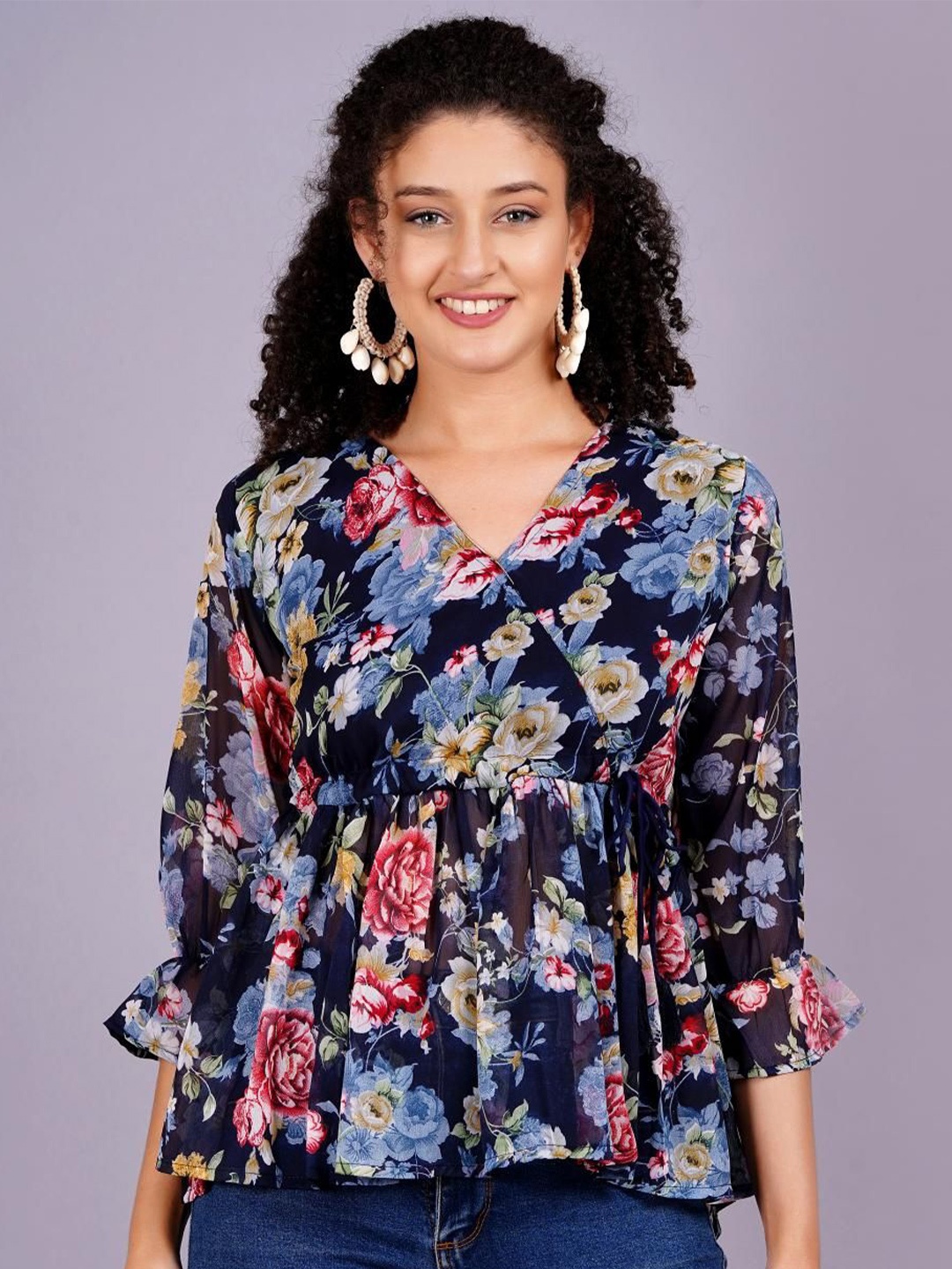 

HIGHLIGHT FASHION EXPORT Women Floral Printed V-Neck Top, Navy blue