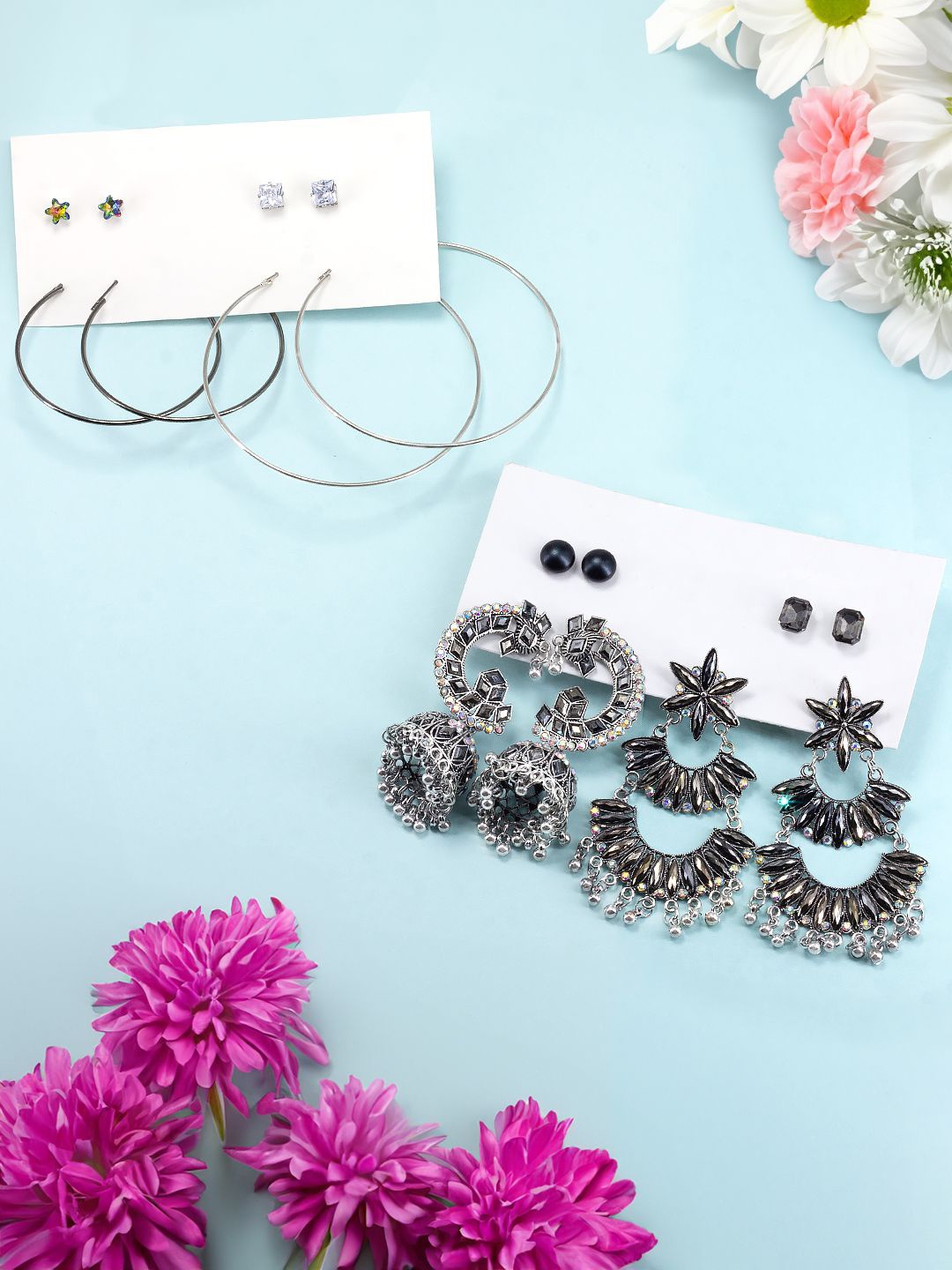 

PRIVIU Set of 8 Silver-Plated Dome Shaped Jhumkas Earrings