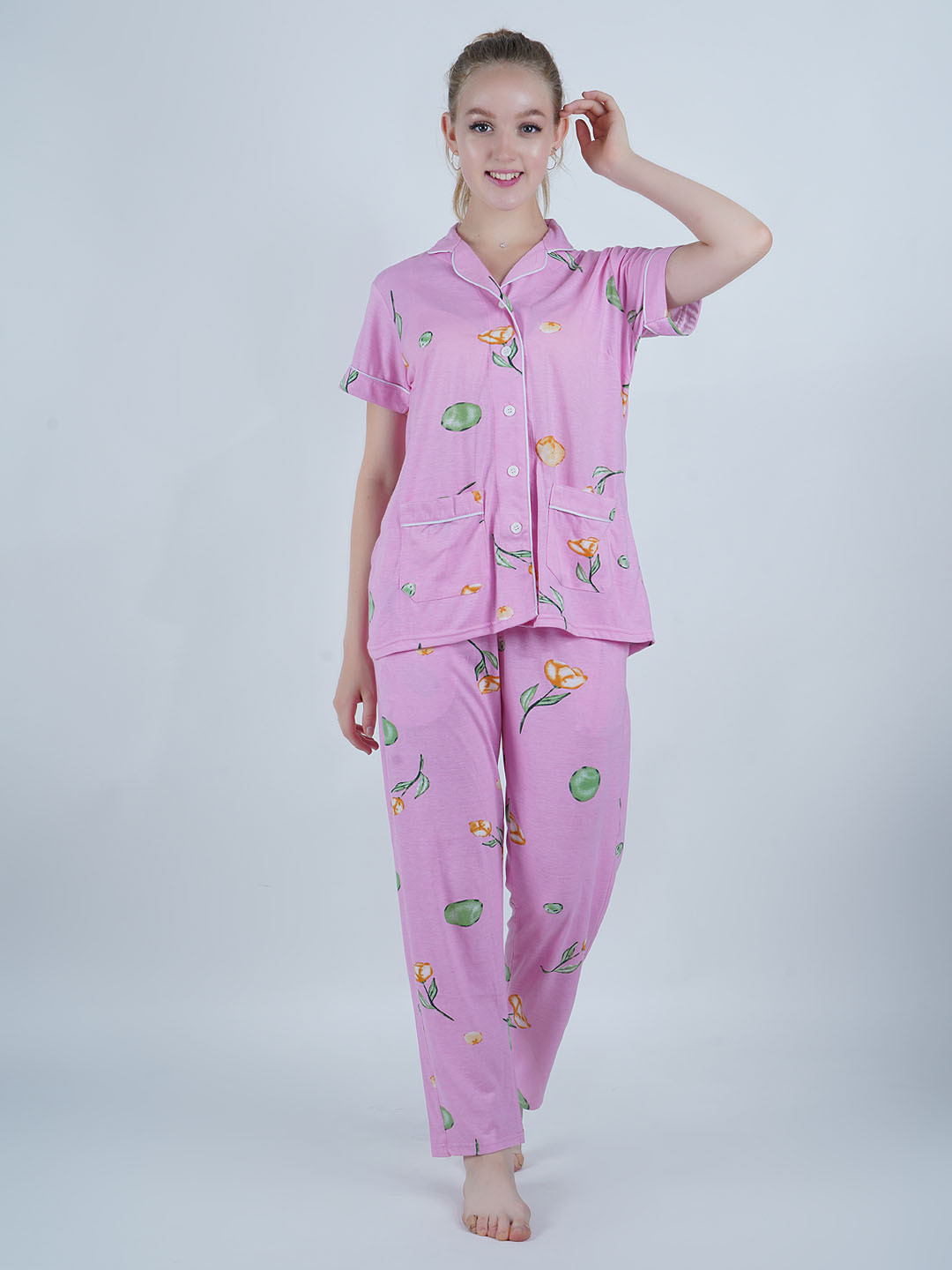 

SHYAM SONS FLAIR Women Floral Printed Lapel Collar Night Suit, Pink