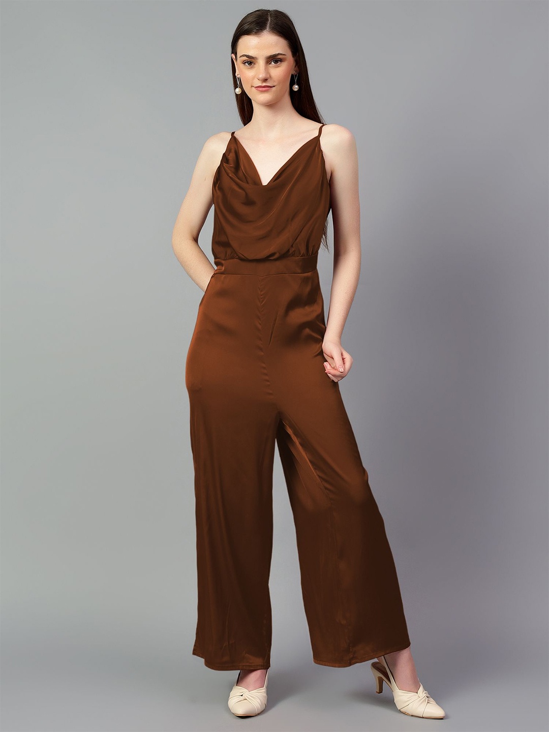 

Kotty Women Solid Cowl Neck Basic Jumpsuit, Brown