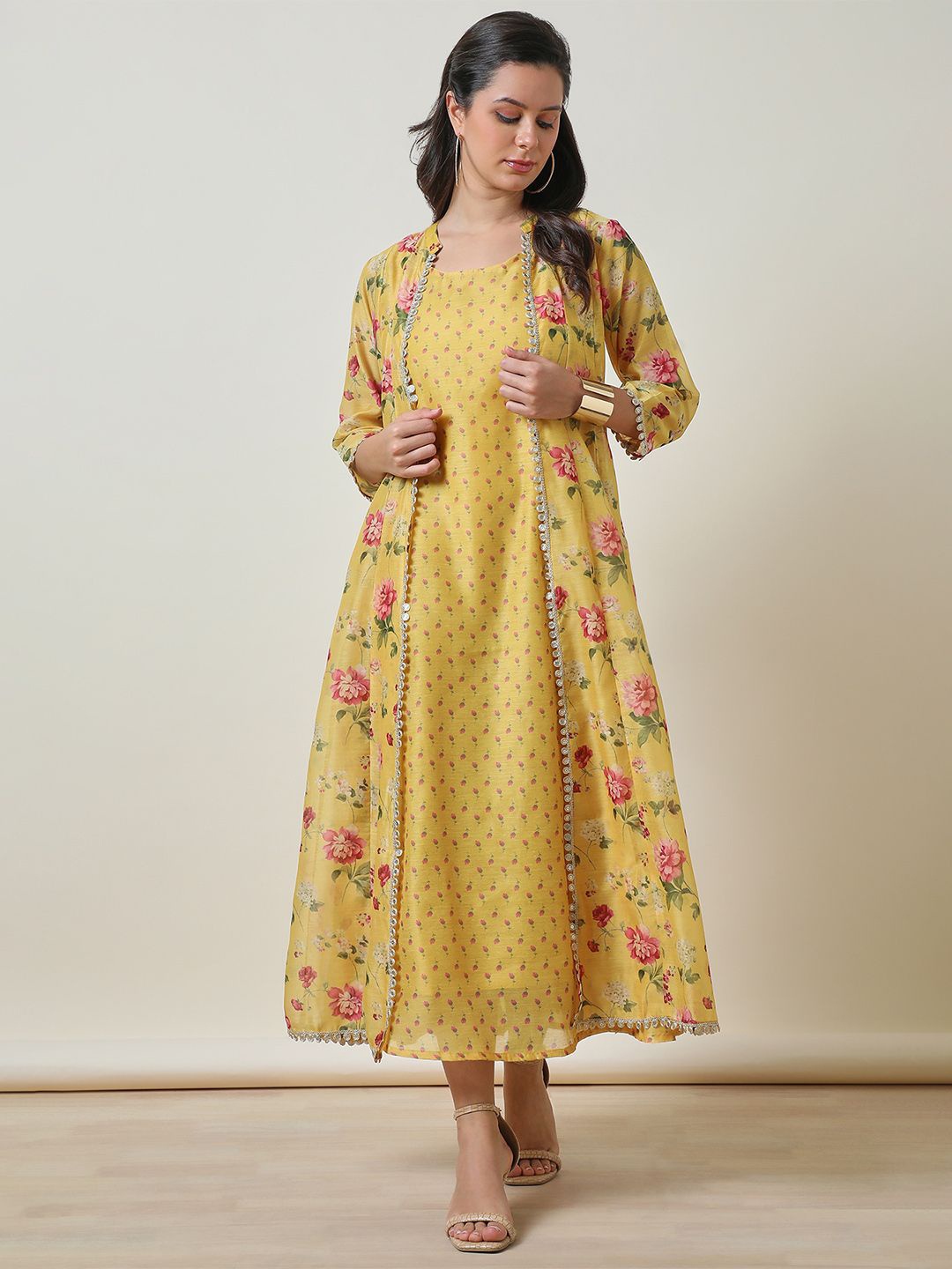 

Soch Floral Print Women A-Line Maxi Dress, Mustard