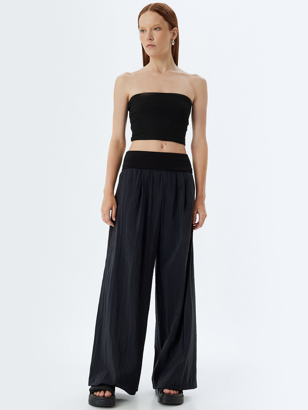 

Koton Women Loose Fit Mid-Rise Trousers, Black