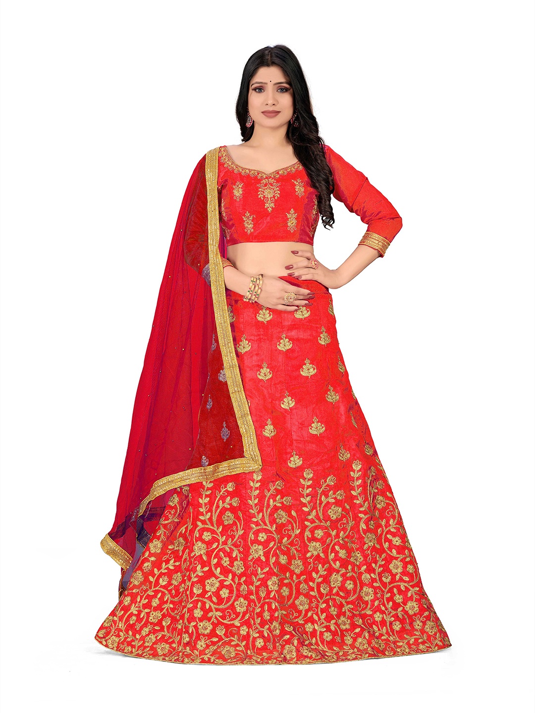 

Maroosh Embellished Thread Work Unstitched Lehenga & Blouse With Dupatta, Rust