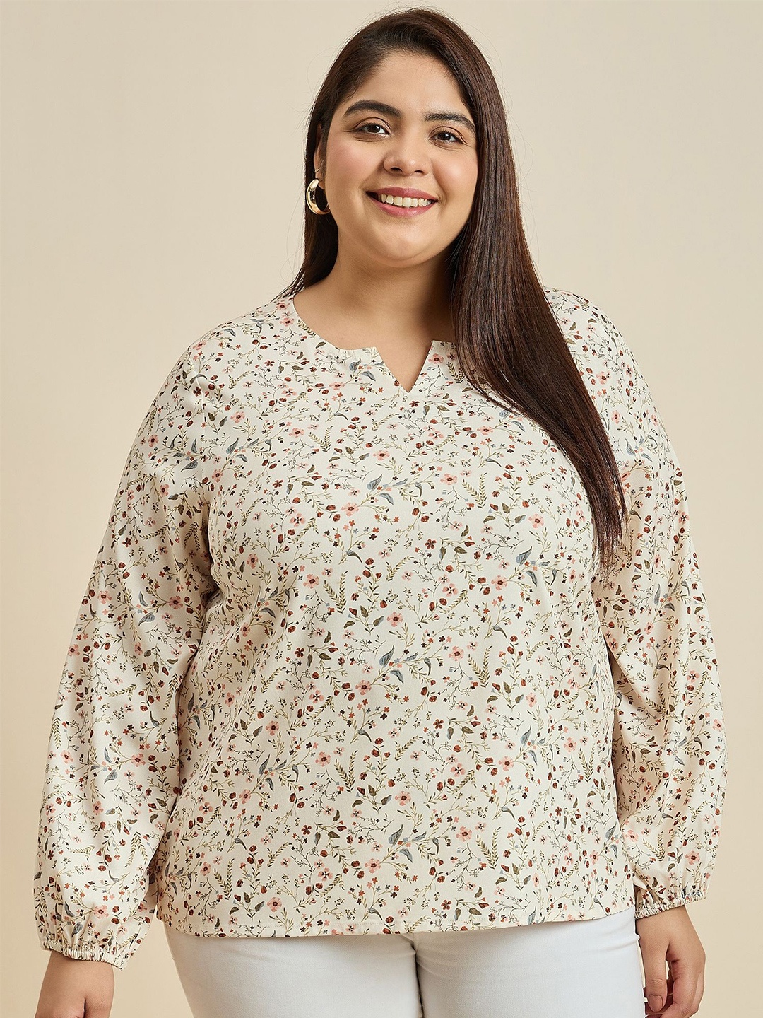 

Sztori Women Floral Printed Round Neck Plus Size Top, Off white