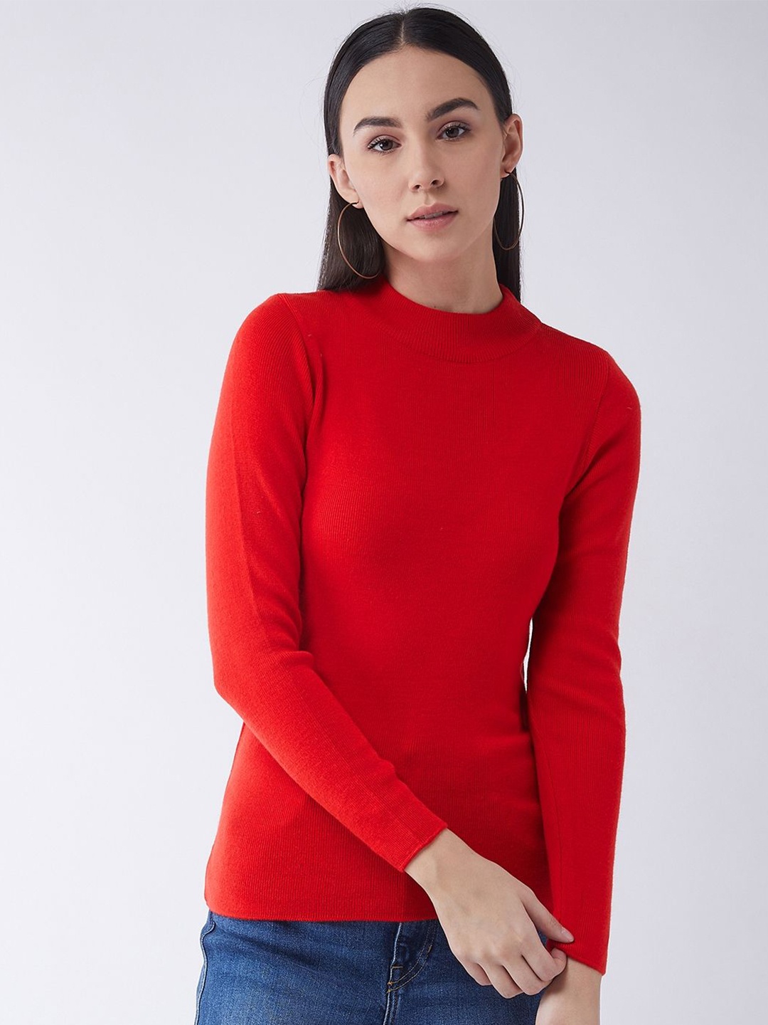 

RVK Women Round Neck Solid Ribbed Pullover Sweater, Red