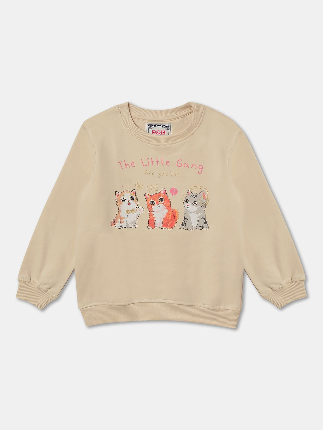 

R&B Girls Graphic Printed Round Neck Cotton Pullover Sweatshirt, Beige