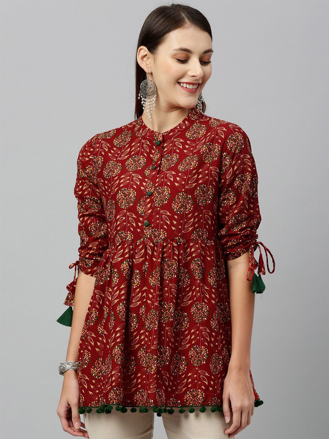 

CHIRAAI Women Tropical Printed Mandarin Collar Cotton Top, Maroon